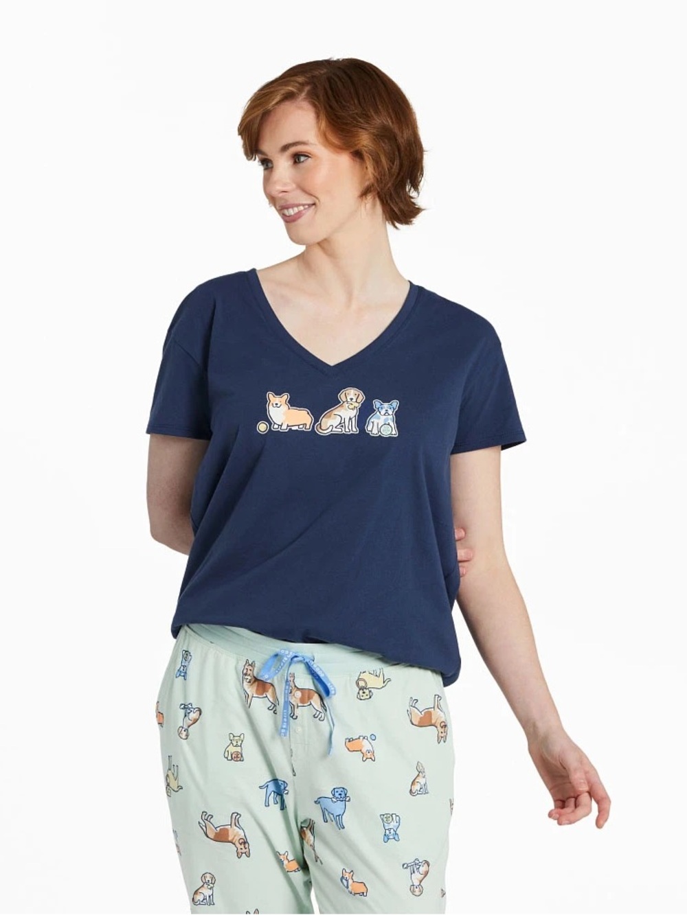 Life Is Good Sleep Navy Multicolor Dog Playdate Short Sleeve V Neck Tee XL